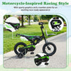 12-inch kids bike in black with motorcycle-inspired design, adjustable handlebar, and training wheels for ages 3-4.