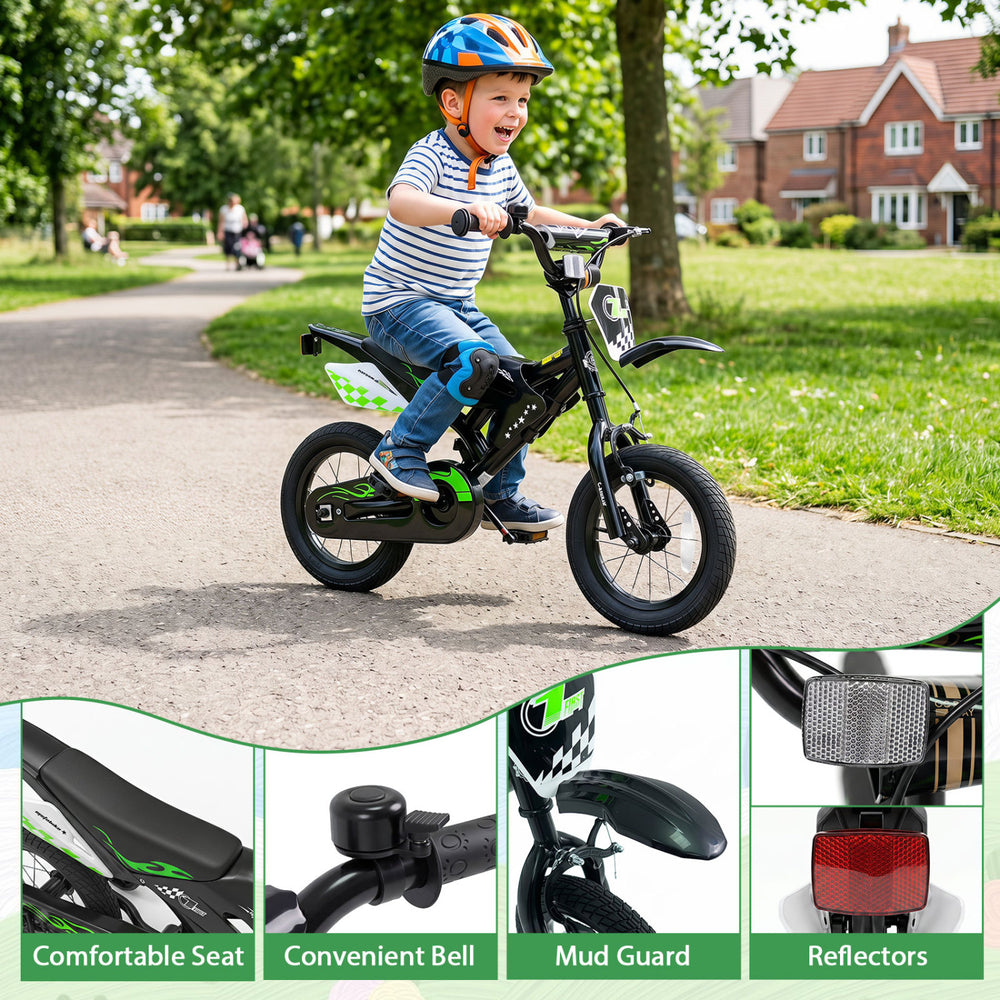 Kids 12-inch bike in black features a comfortable seat, adjustable handlebars, and training wheels for ages 3-4 years.