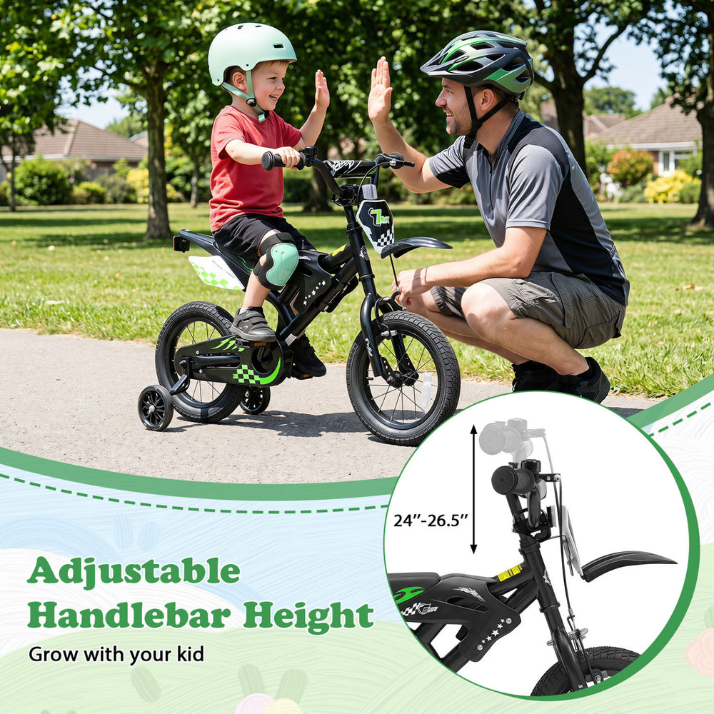 12-inch kids bike with adjustable handlebars, training wheels, and sporty graphics for boys and girls aged 3-4 years.