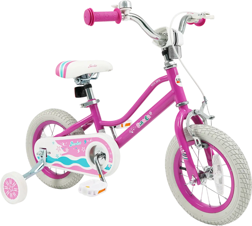 12-inch pink kids bike with adjustable handlebars, training wheels, and hand brake for ages 3-8, perfect for safe.