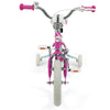 Front view of a pink 12-inch kids bike with adjustable handlebars and training wheels, designed for ages 3-8 years.
