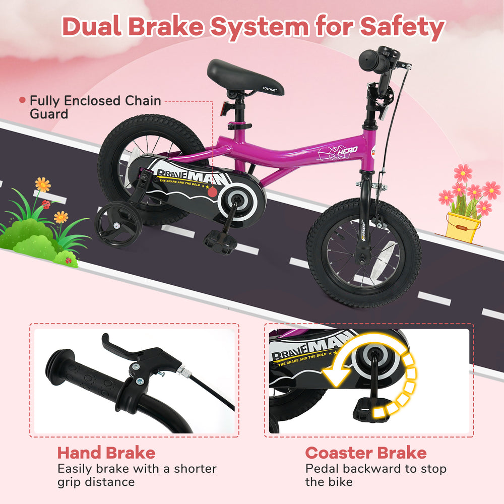 12-inch pink kids bike with removable training wheels, dual brake system, and fully enclosed chain guard for safety.