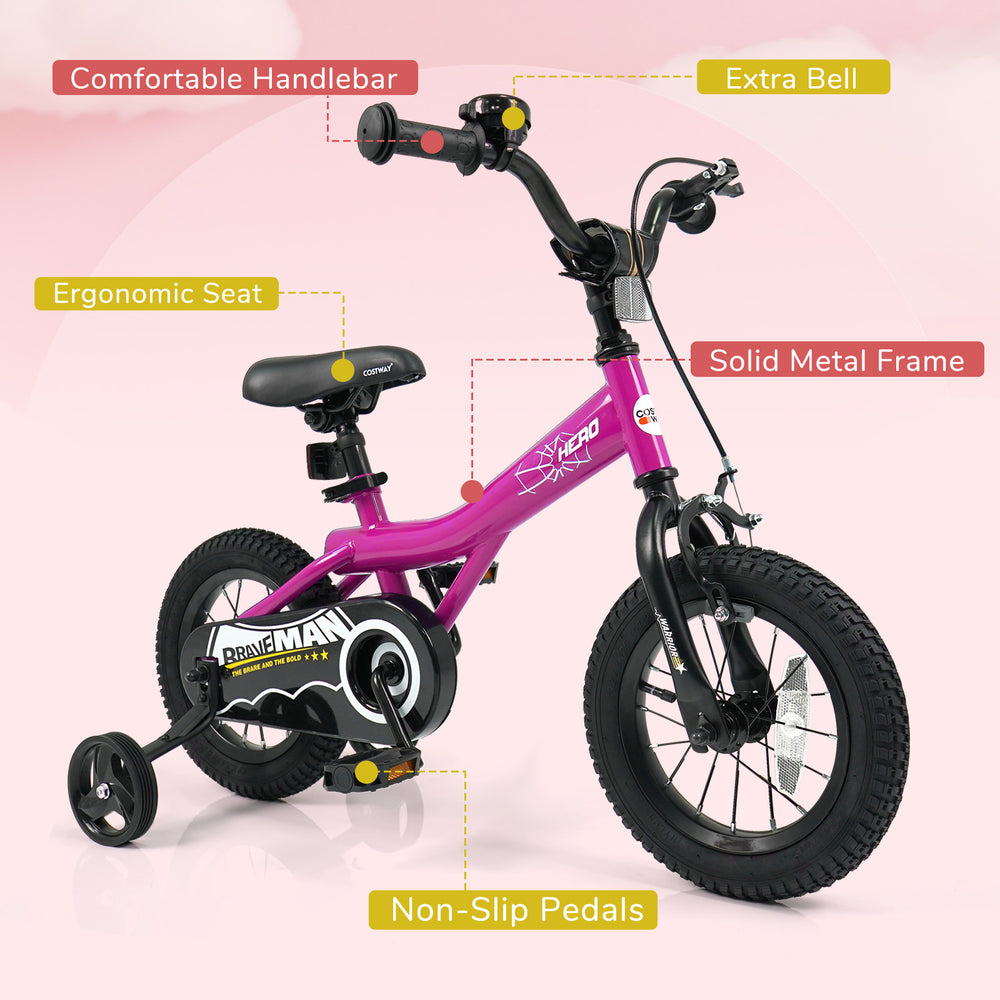 12-inch pink kids bike with removable training wheels, solid metal frame, and adjustable seat for comfortable riding.