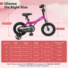 Side view of the 12-inch pink kids bike showcasing removable training wheels, kickstand, and padded saddle for.
