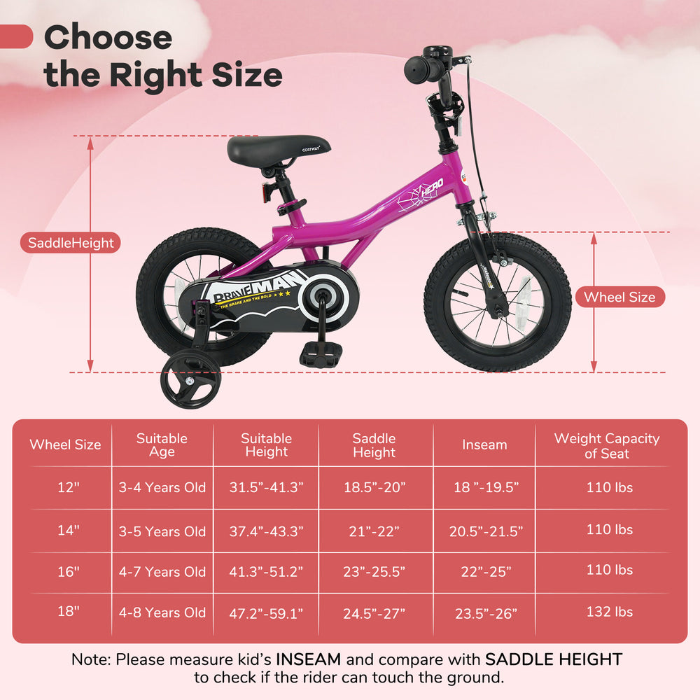 Side view of the 12-inch pink kids bike showcasing removable training wheels, kickstand, and padded saddle for.
