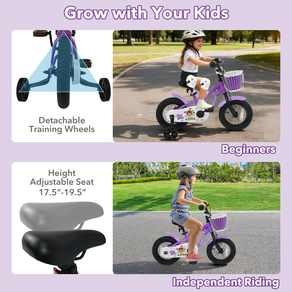 12-inch kids bike in magic purple with detachable training wheels, adjustable seat, and front basket for ages 3-4.