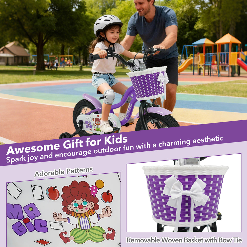 12-inch kids bike in Magic Purple with training wheels, removable basket, and colorful patterns for outdoor fun.