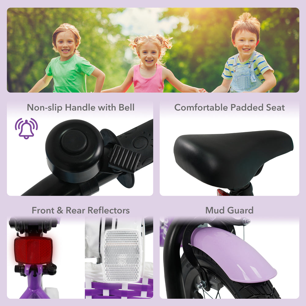 Close-up of the comfortable padded seat and non-slip handle with bell on the 12-inch Magic Purple kids bike for safety.