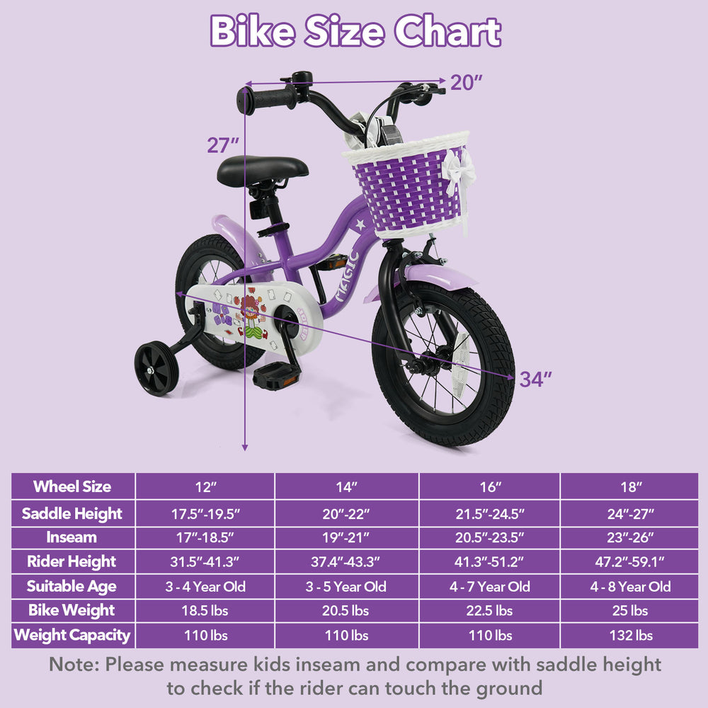 12-inch kids bike in magic purple with training wheels, adjustable saddle, and front basket for ages 3-4 years old.