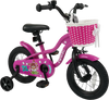 Pink 12-inch kids bike with training wheels, adjustable saddle, front basket, and colorful patterns for ages 3-4.