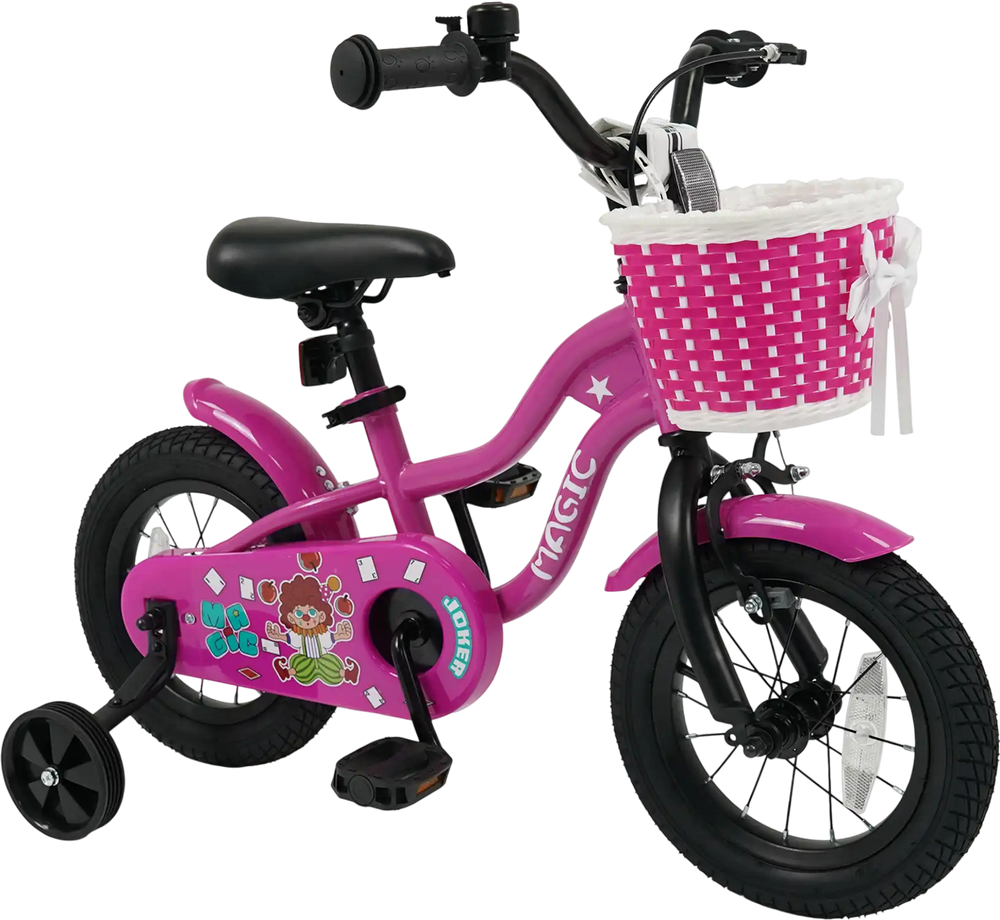 Pink 12-inch kids bike with training wheels, adjustable saddle, front basket, and colorful patterns for ages 3-4.
