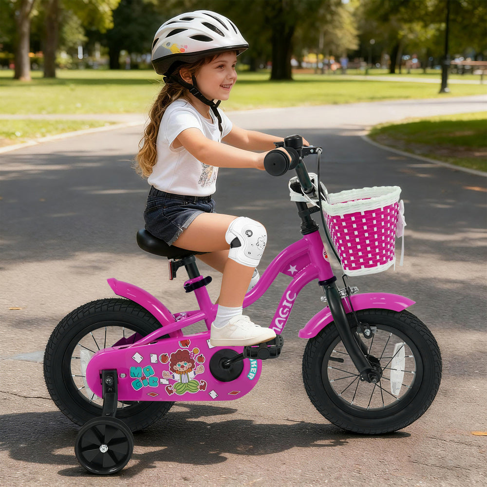 Pink 12-inch kids bike with training wheels, adjustable saddle, and front basket, perfect for ages 3-4 years old.