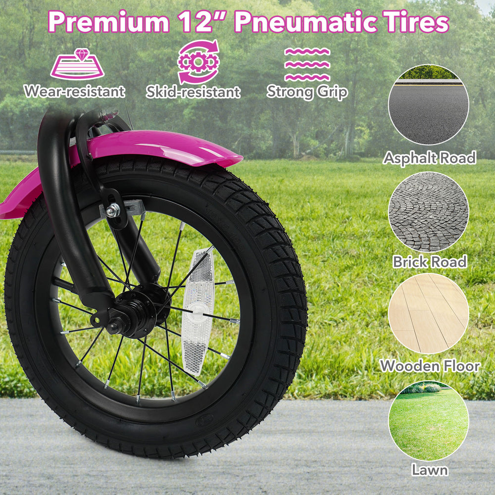 Close-up of the 12-inch pneumatic tire on the Magic Rose kids bike, showcasing wear-resistant and skid-resistant.