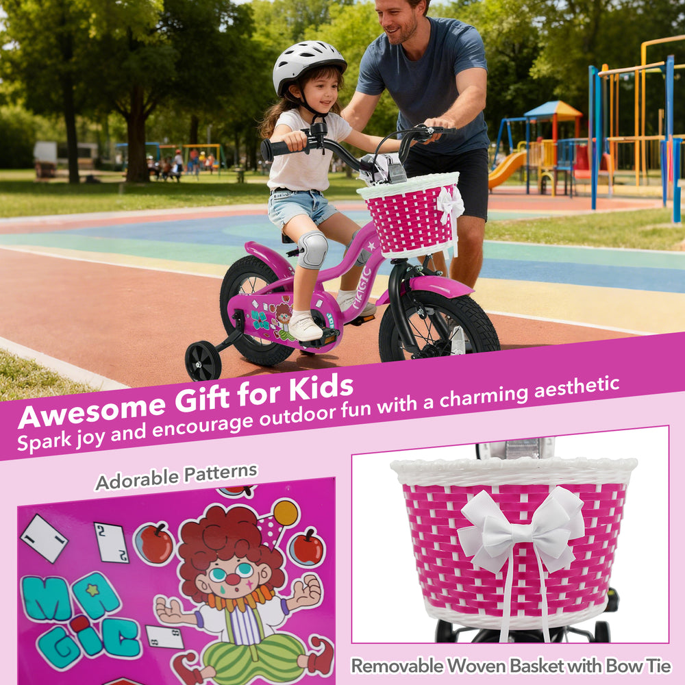 12-inch kids bike in pink with training wheels, removable basket, and colorful patterns for outdoor fun and safety.