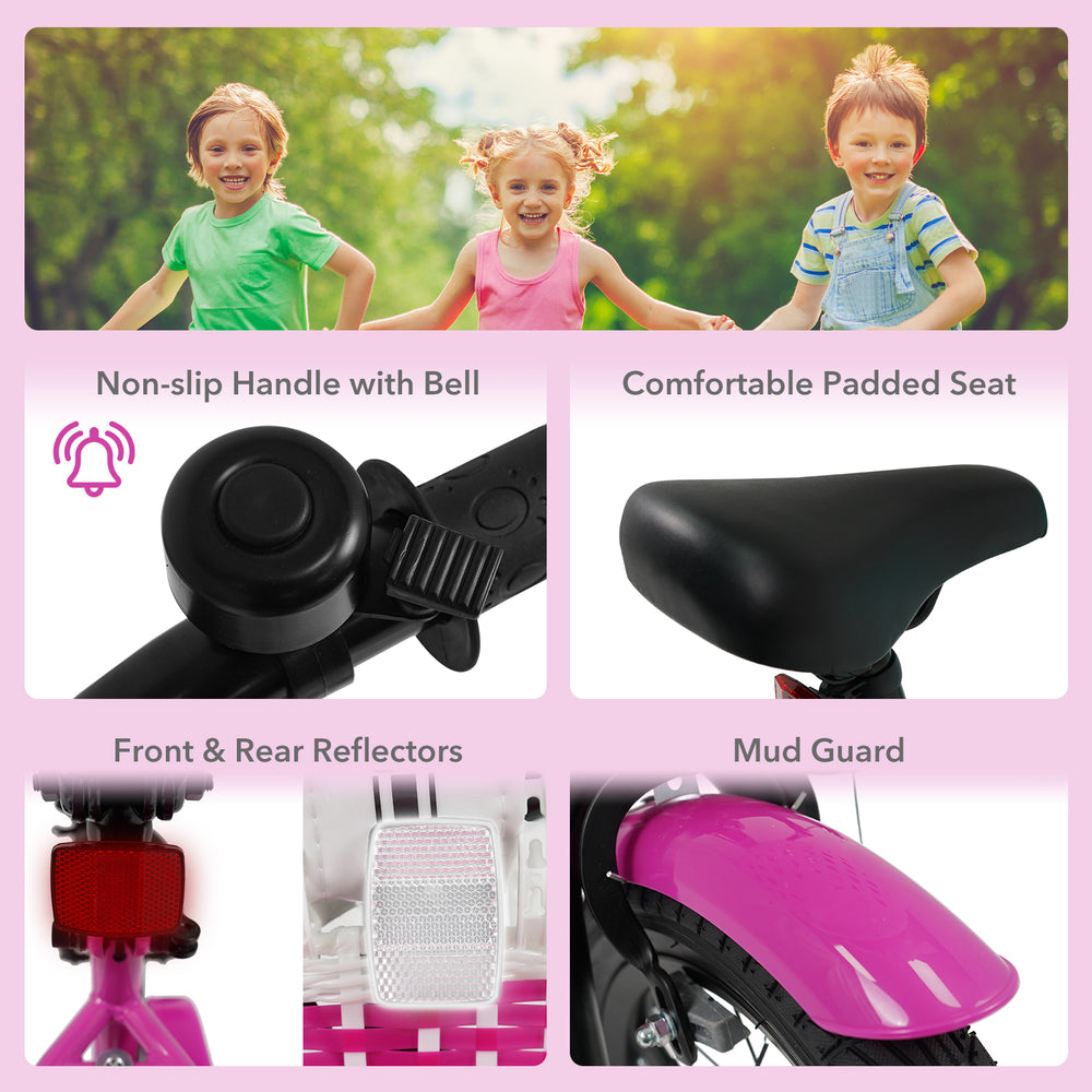 Close-up of the pink 12-inch kids bike with training wheels, featuring a padded seat, bell, and reflectors for safety.