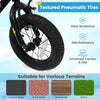 Textured pneumatic tires on a 12-inch kids bike, offering excellent traction and wear resistance for various terrains.