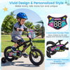 12-inch black kids bike with training wheels, featuring colorful monster graphics and customizable number plate for.