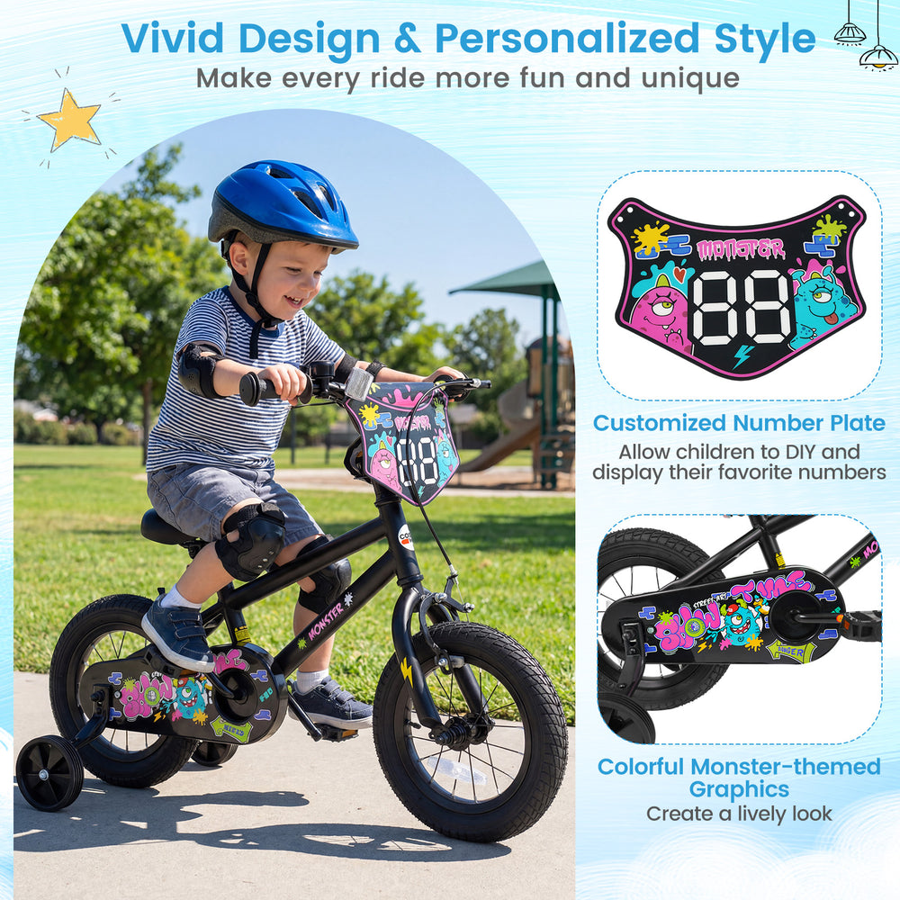 12-inch black kids bike with training wheels, featuring colorful monster graphics and customizable number plate for.
