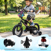 12-inch kids bike with training wheels, adjustable seat, and bright monster graphics for safe outdoor riding.