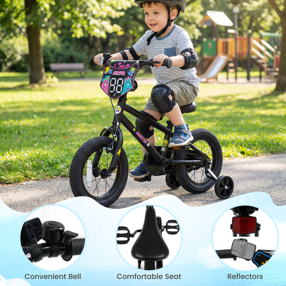 12-inch kids bike with training wheels, adjustable seat, and bright monster graphics for safe outdoor riding.