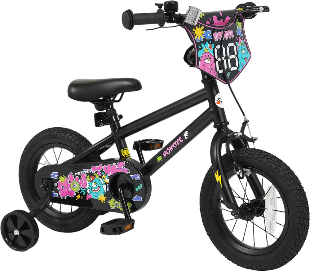 12-inch kids bike in black with street art design, featuring training wheels, adjustable seat, and hand brake for.