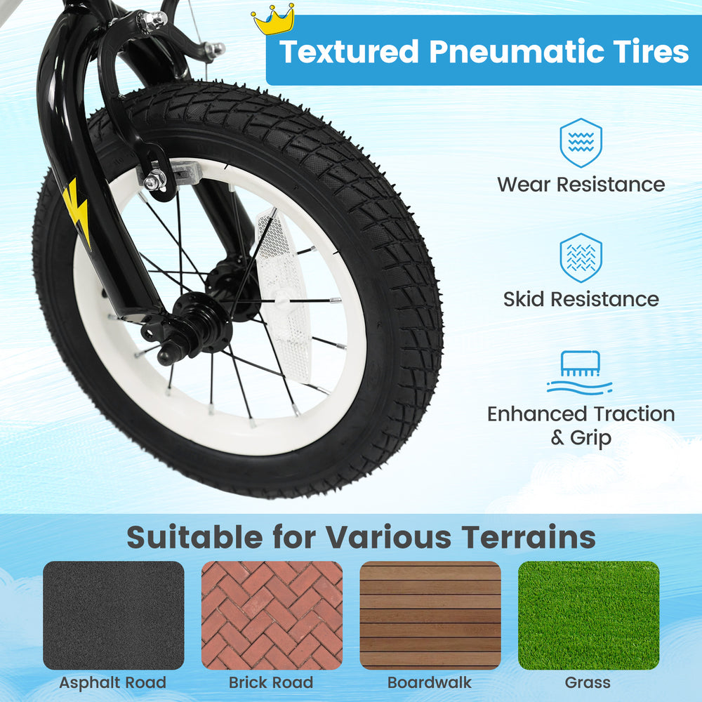 Textured pneumatic tire of a 12-inch kids bike, offering wear resistance and enhanced traction for various terrains.