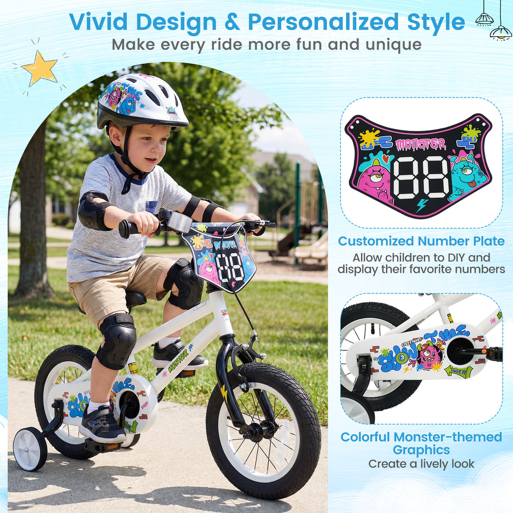 12-inch kids bike with training wheels, featuring bright monster graphics and a customizable number plate for ages 3-4.