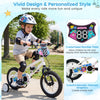 12-inch kids bike with training wheels, featuring bright monster graphics and a customizable number plate for ages 3-4.