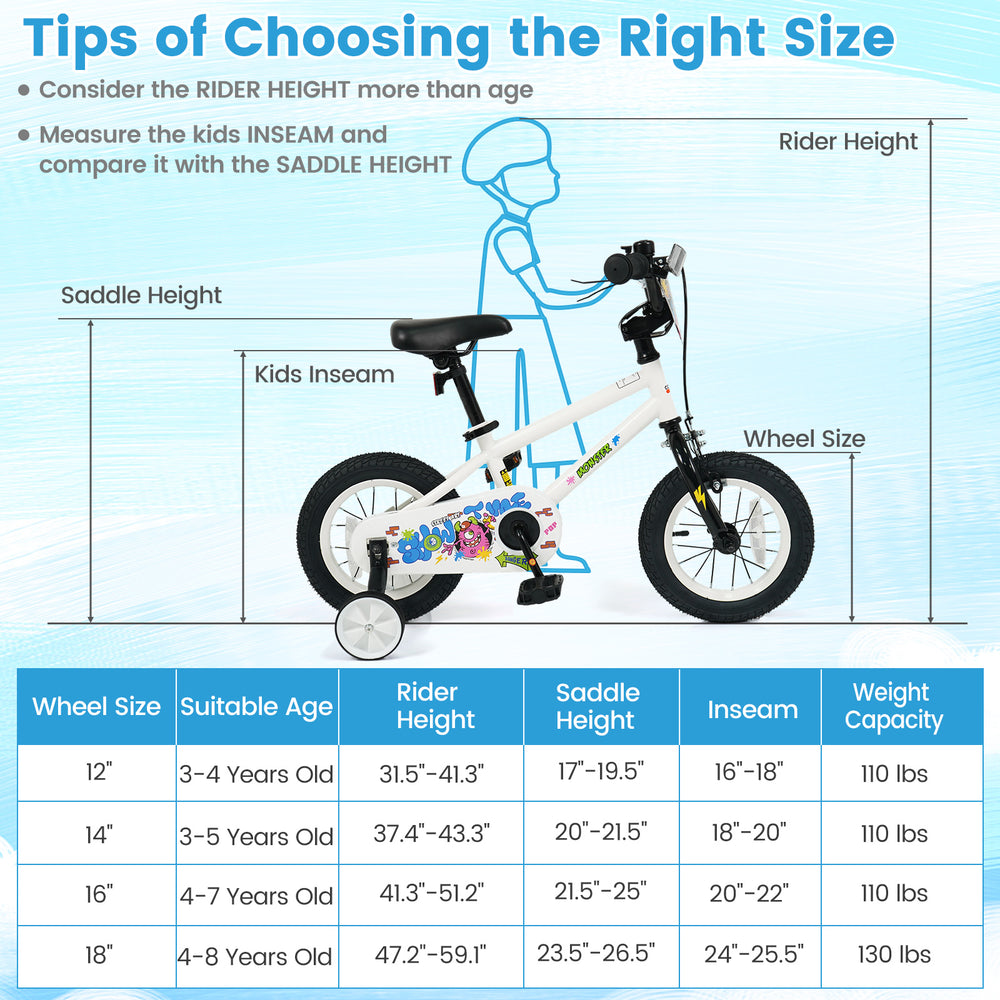 12-inch kids bike with training wheels, adjustable seat, and bright street art design for ages 3-4 years old.