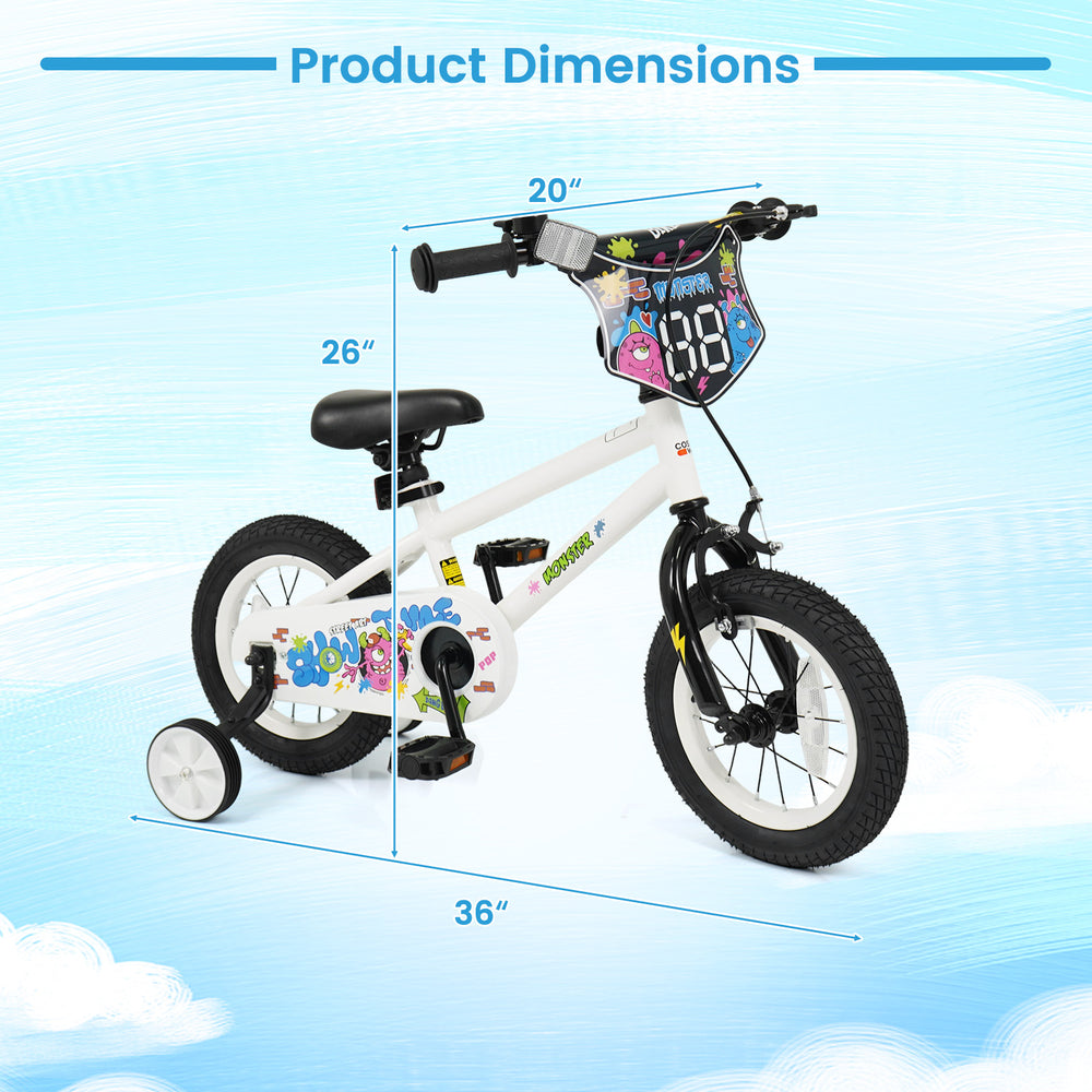 12-inch kids bike with training wheels, adjustable seat, and bright monster graphics, ideal for ages 3-4 years old.