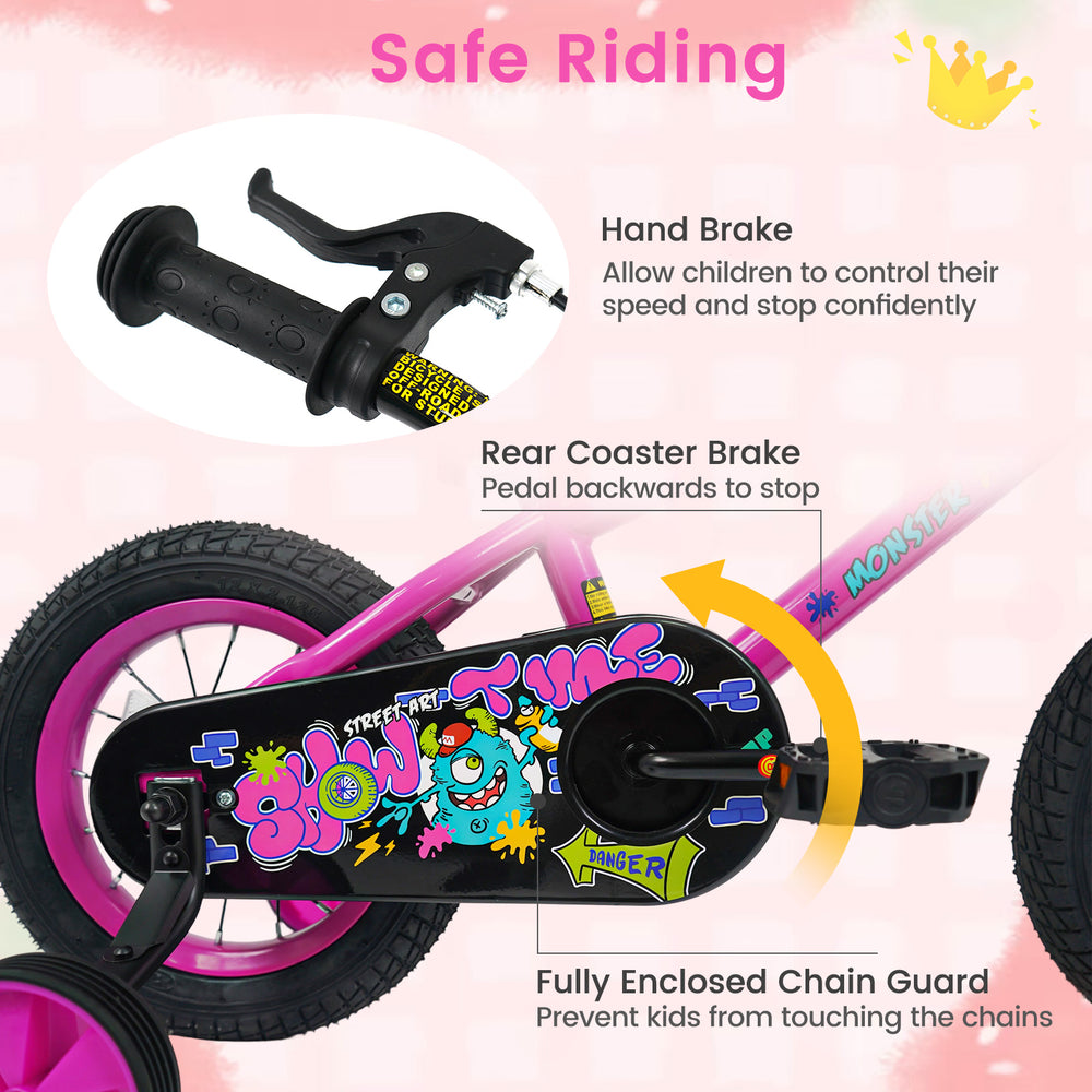 Hand brake and rear coaster brake details on the 12-inch pink kids bike with training wheels for safe riding.