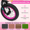 Textured pneumatic tire of a pink 12-inch kids bike, offering excellent traction and wear resistance for various.