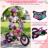 12-inch pink kids bike with training wheels, featuring colorful monster graphics and customizable number plate for ages.