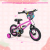 12-inch pink kids bike with training wheels, adjustable seat, and bright monster graphics for ages 3-4 years old.