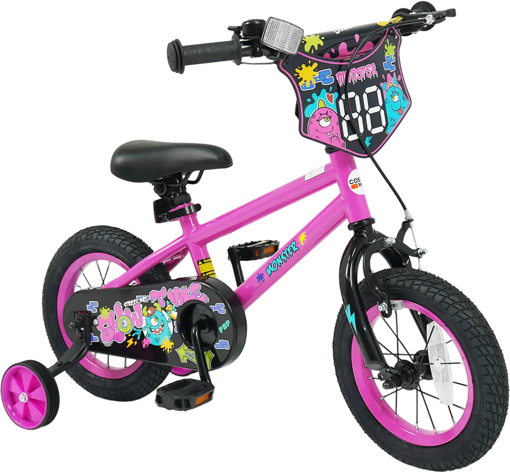 12-inch pink kids bike with training wheels, featuring bright monster graphics and adjustable seat for ages 3-4.