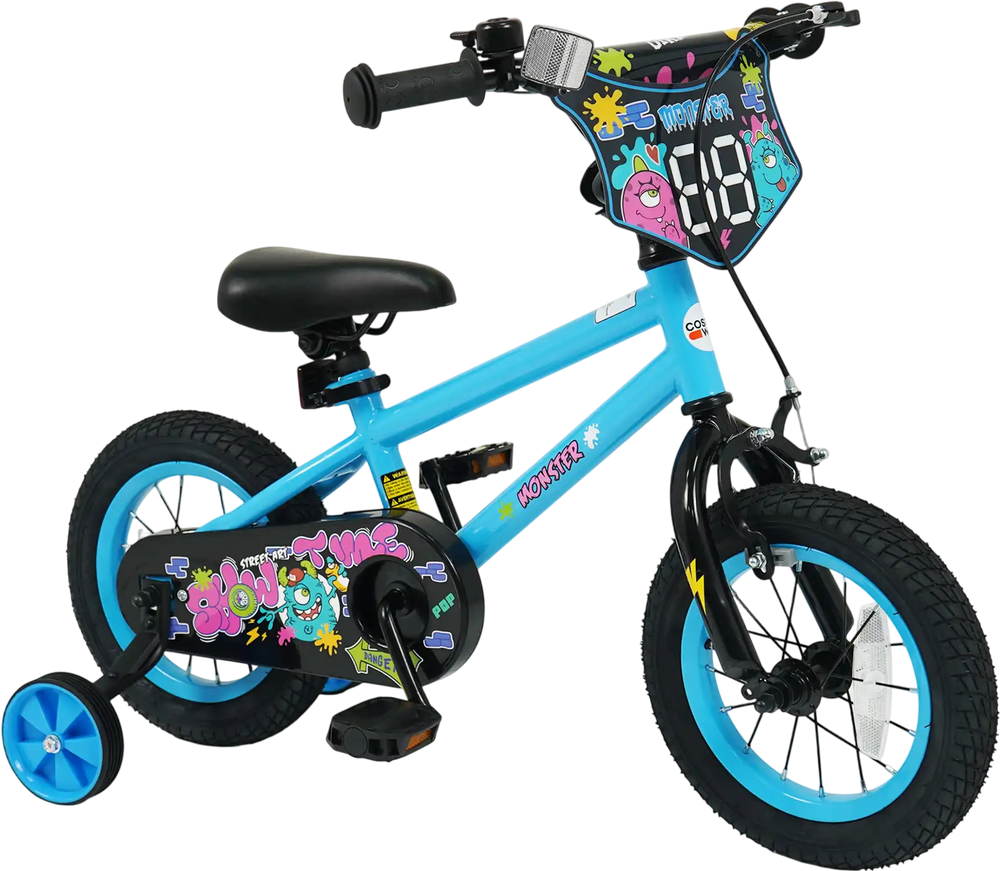 12-inch blue kids bike with training wheels, featuring monster graphics, adjustable seat, and hand brake for safety.