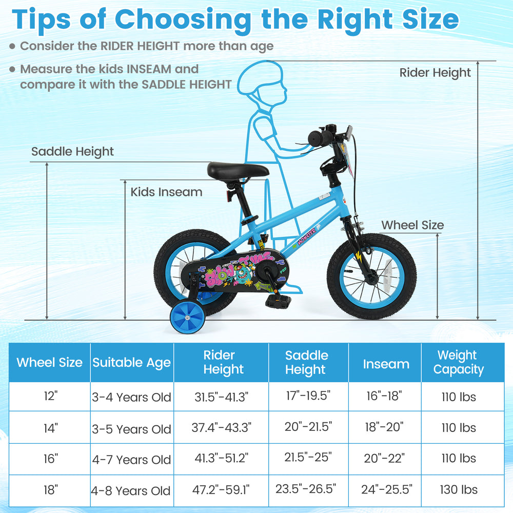 12-inch kids bike in blue with training wheels, adjustable seat, and vibrant monster graphics for ages 3-8 years.