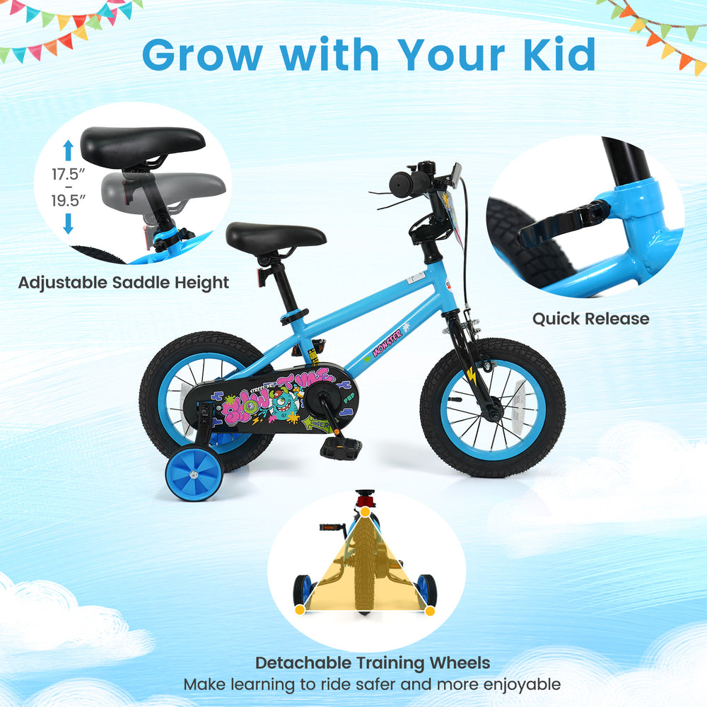 12-inch blue kids bike with adjustable seat, detachable training wheels, and bright monster graphics for ages 3-8.