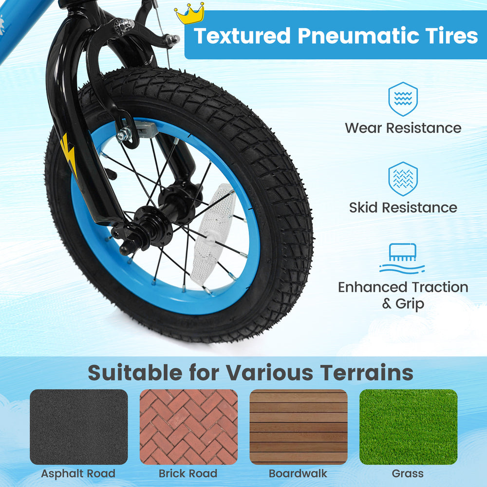Textured pneumatic tire of a blue 12-inch kids bike, designed for excellent traction and suitable for various terrains.