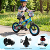 Kids bike with training wheels in blue, featuring a comfortable seat, bell, and reflectors for safety during outdoor.