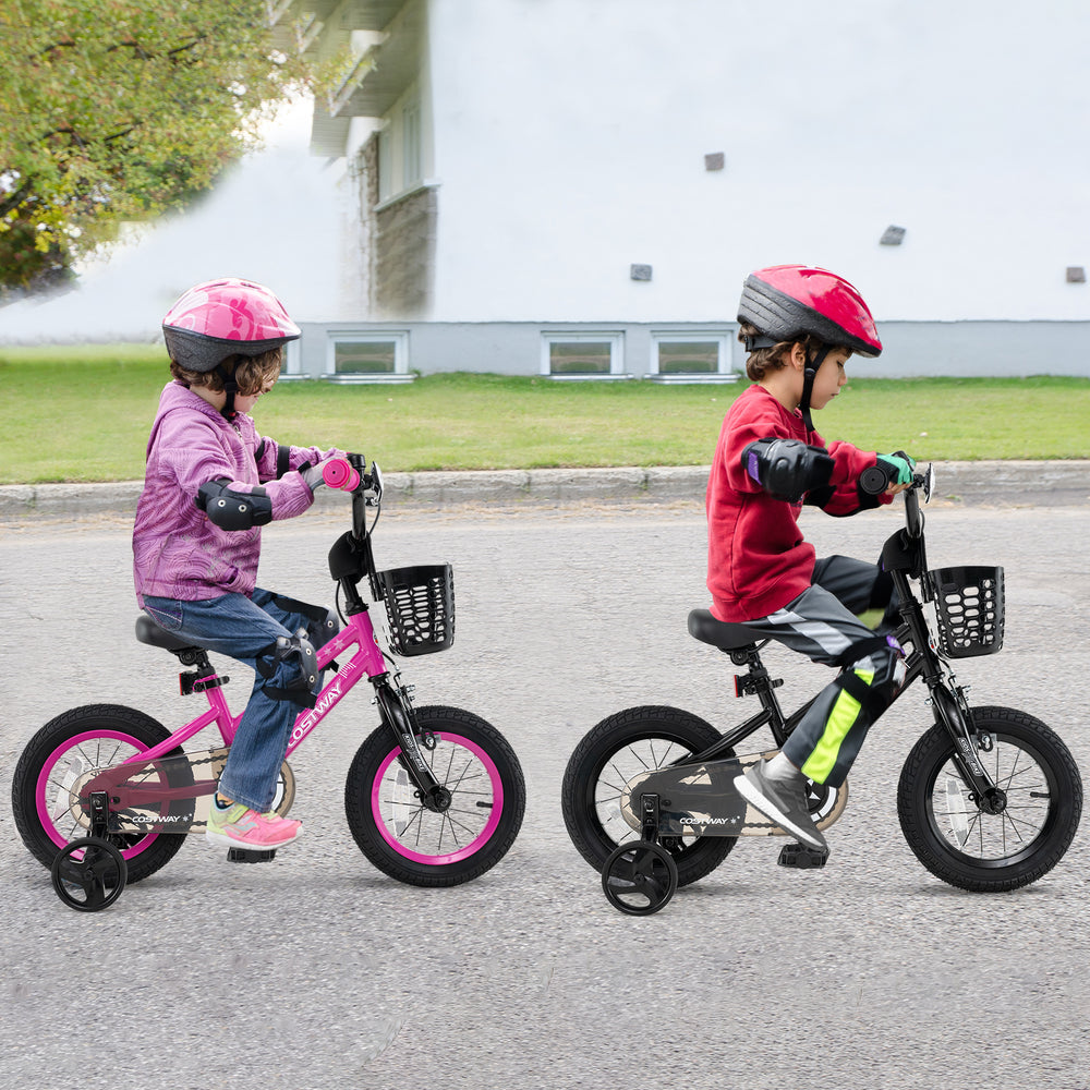 Two kids riding 12-inch bikes with training wheels, featuring baskets and adjustable seats for ages 3-5 years.