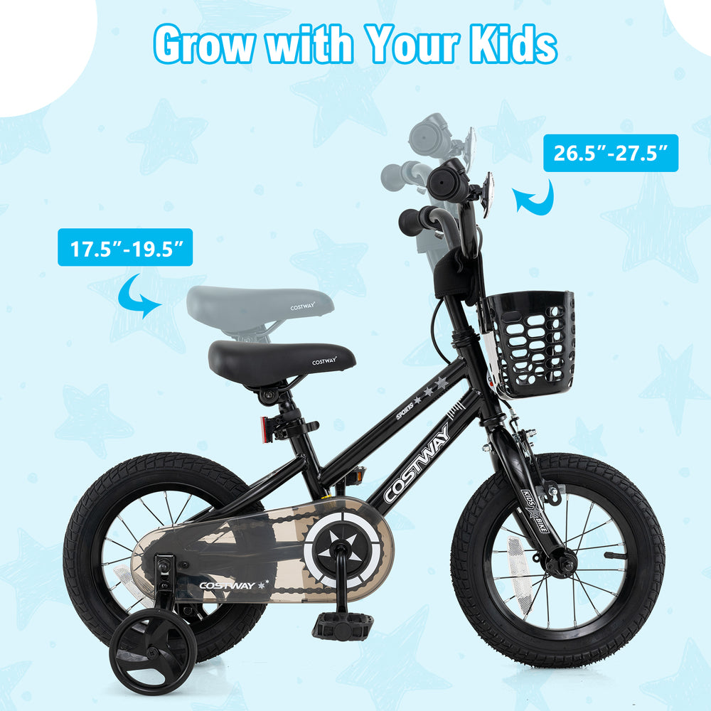 12-inch kids bike with adjustable seat, training wheels, and basket, ideal for children aged 3-5 years old.