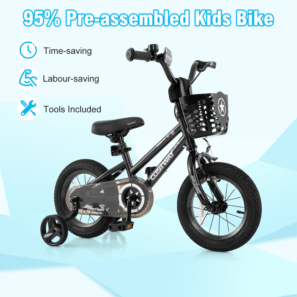 12-inch kids bike with basket, removable training wheels, adjustable seat, and dual brake system for ages 3-5.