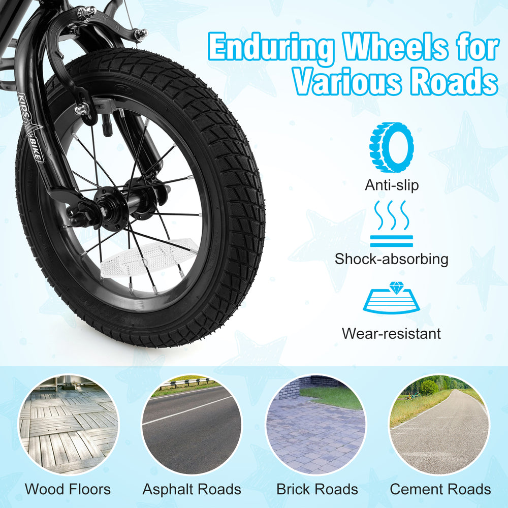 Close-up of the 12-inch kids bike wheel, featuring anti-slip, shock-absorbing, wear-resistant design for various road.