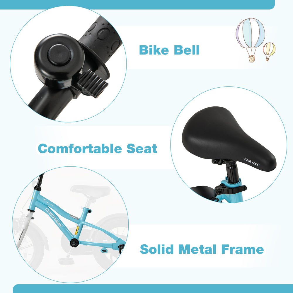 Bike bell, comfortable seat, and solid metal frame of the 12-inch kids bike for ages 3-4 with training wheels.