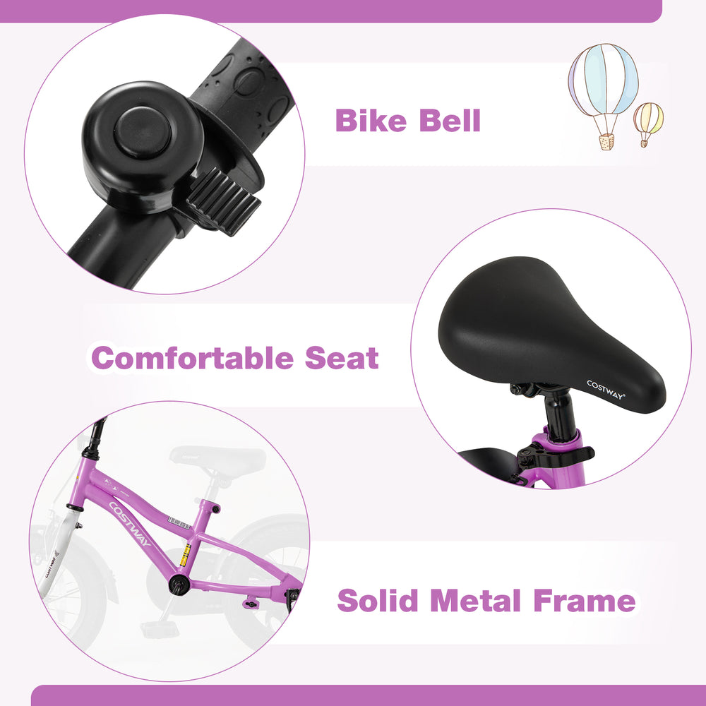 Bike bell and comfortable seat on a 12-inch kids bike with solid metal frame, ideal for children aged 3-4 years.