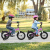 Two kids riding 12-inch training bicycles with adjustable seats and dual brakes, perfect for ages 3-4 outdoors.