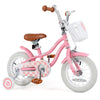 12-inch pink kids bike with training wheels, removable basket, and adjustable seat for boys and girls aged 3-4 years.