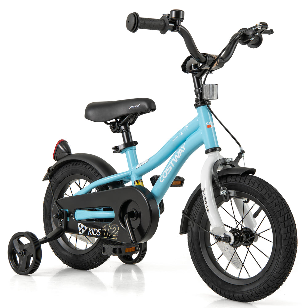 12-inch kids bike in blue with training wheels, adjustable seat, dual brakes, and anti-puncture tires for safe riding.
