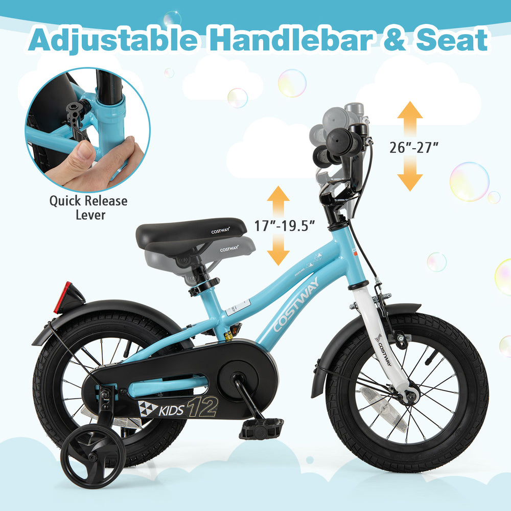 12-inch kids bike with adjustable seat and handlebars, dual brakes, and training wheels for safety and stability.